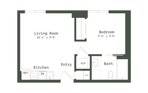 Floor plan for studio, 1 bath, 458 sqft